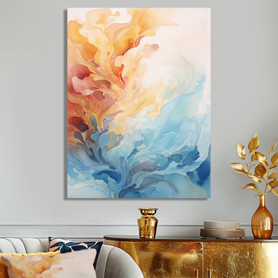 Aquarelle, nuages, dans, orange, bleu, -, encre liquide, abstrait, art mural, salon