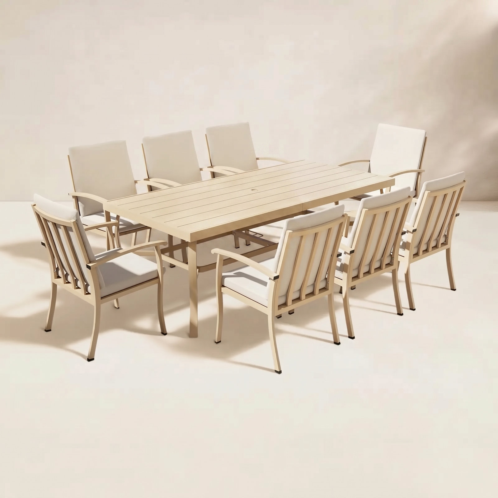 Willesden Rectangular Aluminum Dining Set with Cushions, Beige, 8