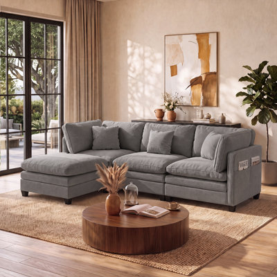 105" W Modular L-Shaped Chenille Sectional Sofa with Ottoman, Dual-Layer Cushion Support, Modern Upholstered Sofa for Living Room, Gray