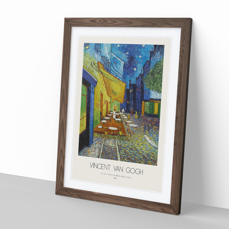 Cafe Terrace with Border by Vincent Van Gogh - Picture Frame Painting, Walnut Framed, 48cm H x 36cm W x 2cm D