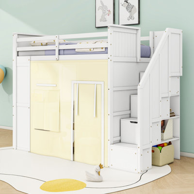 Twin Two Drawers Wooden Loft Bed with Curtain, Storage Stairs and Desk