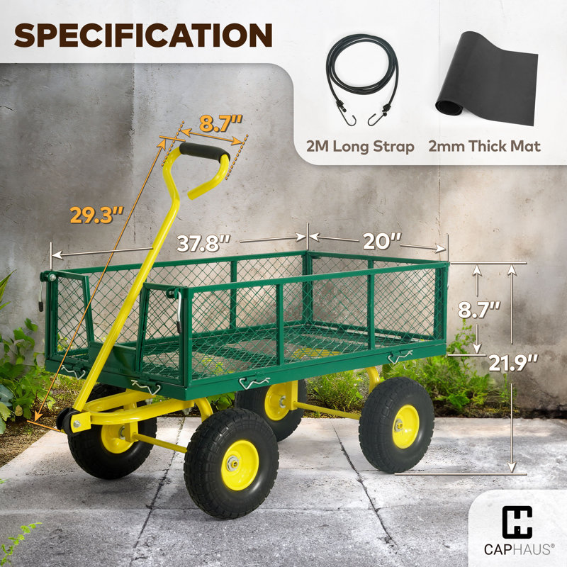CAPHAUS Metal Garden Cart, w/ 180° Adjustable Yellow Handle, w/ Mat and Strap, 880 lbs Capacity, Green