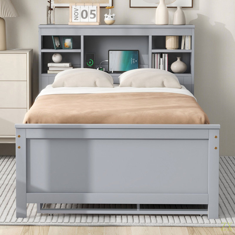 Lit plateforme simple avec tête de lit, USB, lit gigogne simple et 3 tiroirs, Gris