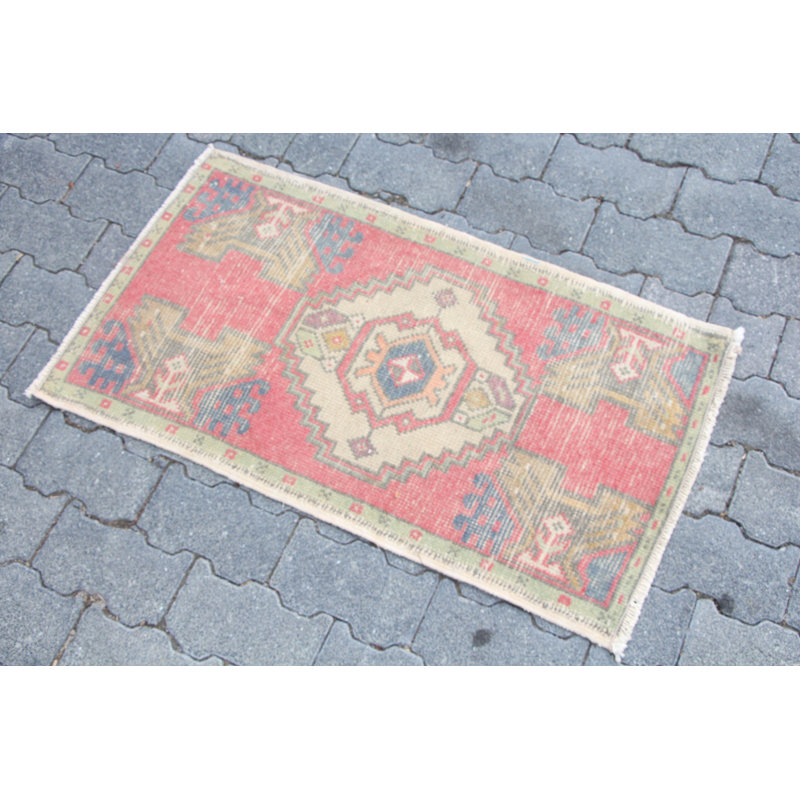 Vintage Turkish Small Oushak Rug - Antique Wool Bathroom Rug in Vibrant Red Hue