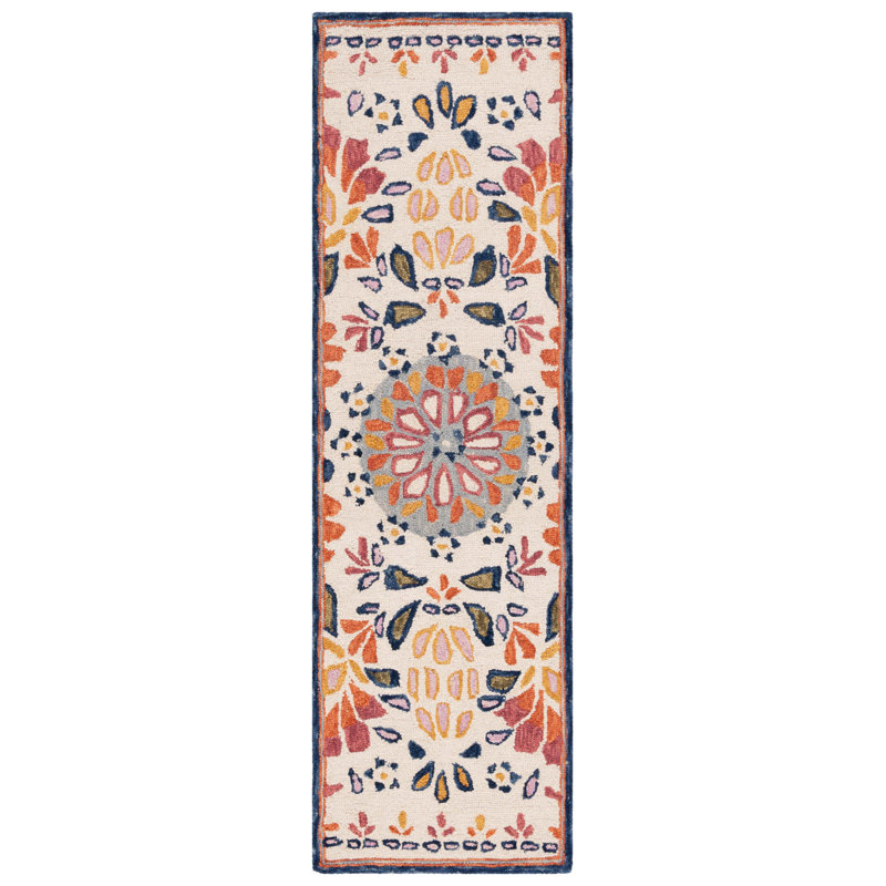 Tapis floral en laine touffeté à la main rouge / ivoire Onasis, Tapis de couloir 2 pi 3 po x 8 pi
