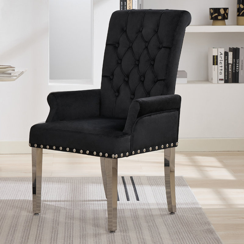 Tufted Upholstered Dining Armchair with Chrome Legs, Black
