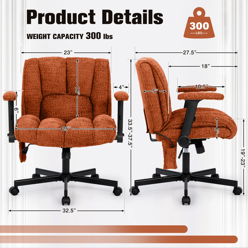 Adjustable Ergonomic Cross Legged Desk Chair with Adjustable Up&Down and Flip-Up Armrests & Lumbar Support, 300LBS Capacity