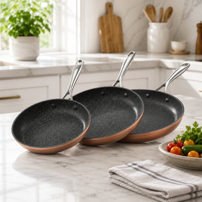 Gray three pack aluminum frying pan set all pans factory pre seasoned to avoid food sticking