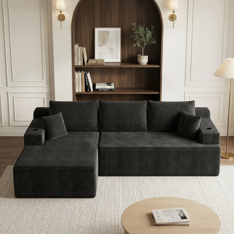 Boneless 105'' Modular Sectional Sofa With Chaise, L Shaped Couch With Cup Holders, 2-Piece Cloud Couch With Deep Seat, Upholstered Corduroy Boneless Couch For Living Room, No Assembly Required,