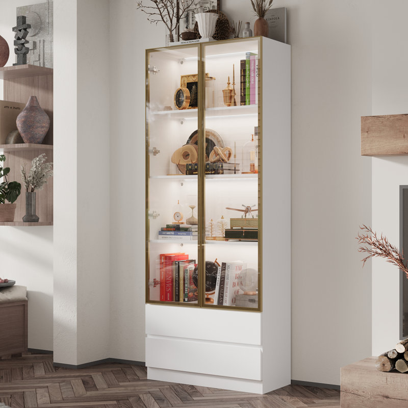 Vitrine avec lumières réglables et porte en verre trempé, Blanc