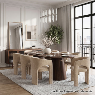 Ensemble de salle à manger rond à ovale extensible avec fauteuils demi-tonneau en chenille