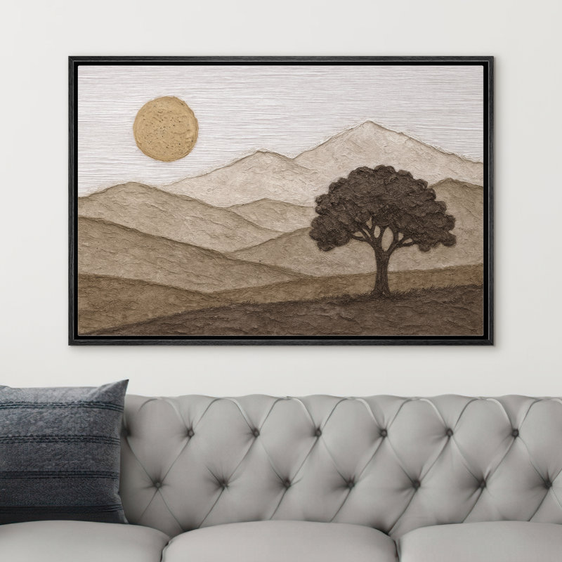 «Warm Tone Mountain Tree Scene Cozy Room Wall Decor Round Sun», reproduction d'art sur toile encadrée, H 16 po x l 24 po