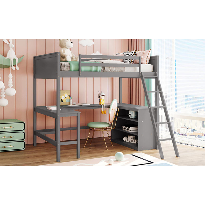 Lit mezzanine avec tablettes et bureau, Double, Gris