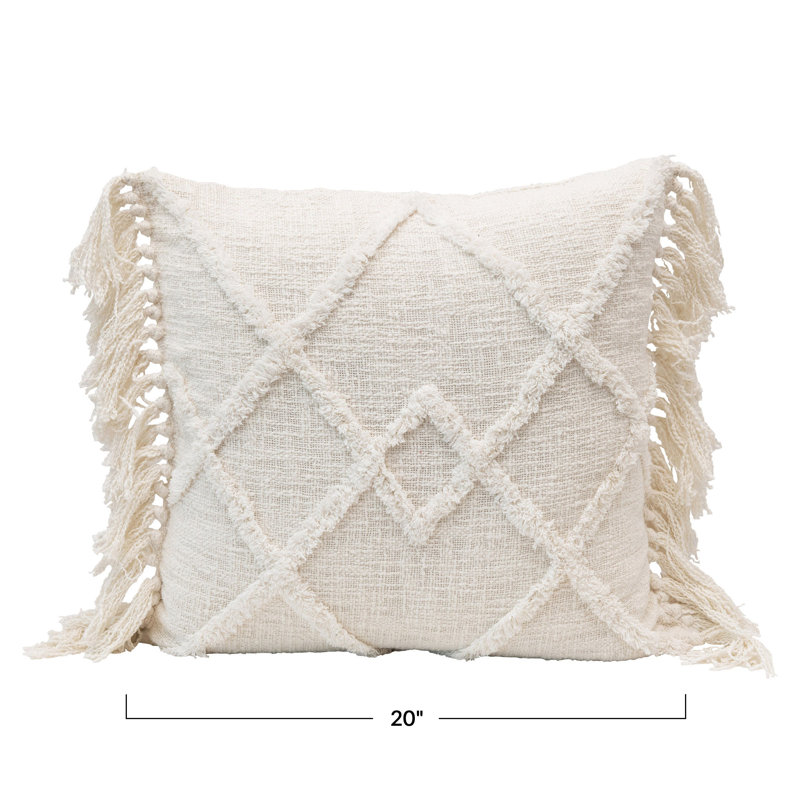 Cotton Blend Tufted Pillow With Pattern And Fringe