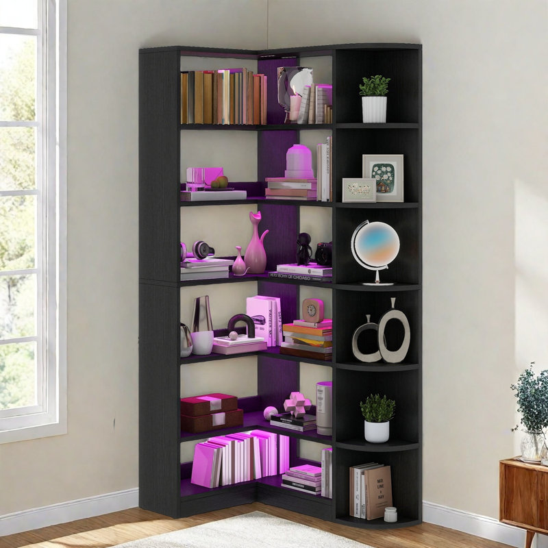 L-Shaped Corner Bookshelf With LED Light, 6 Tier Storage Display Rack, Black