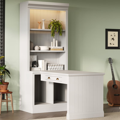 Bibliothèque de 83,4 po de hauteur avec bureau d'écriture, bibliothèque moderne avec bureau d'étude, poste de travail avec tablette de rangement, bibliothèque de rangement avec tablettes ouvertes et éclairage DEL pour le salon, le bureau personnel, blanc