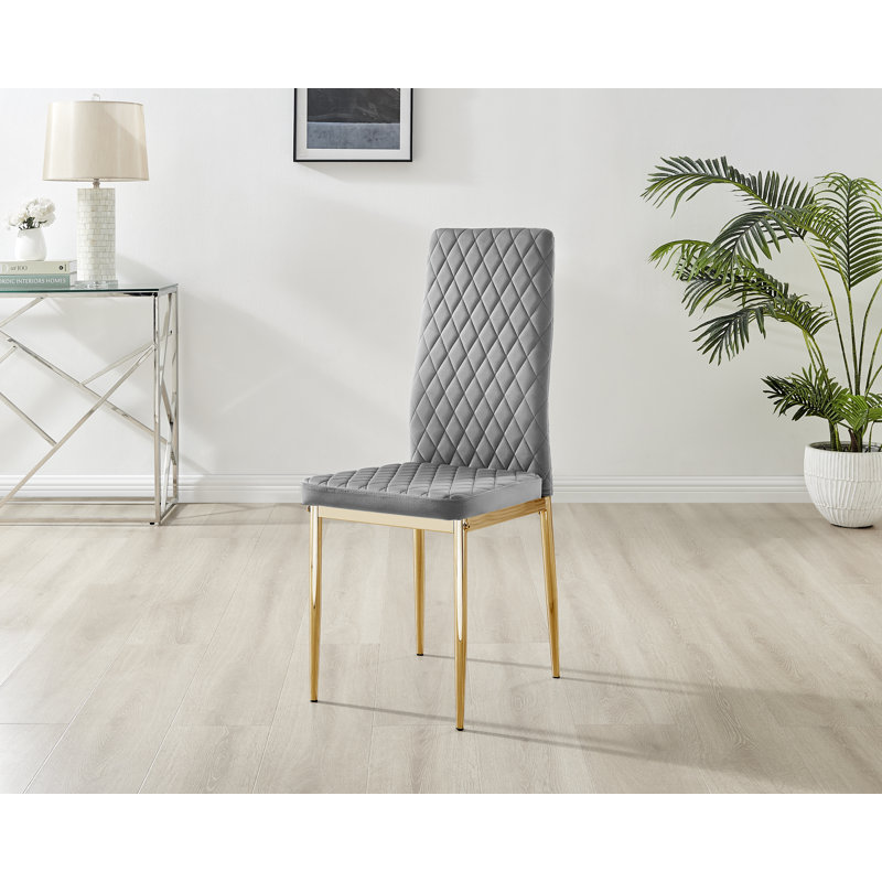 Keensburg Luxury Velvet Modern Tall Back Dining Chairs with Metal Legs & Diamond Stitching, Grey, Gold, 6