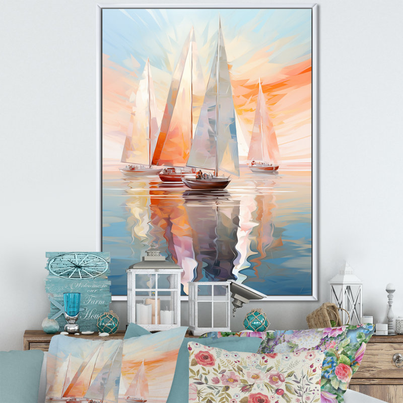 Minimalisme, voilier, rythme, art mural, H 44 po x l 34 po x P 1,5 po, Cadre flottant blanc