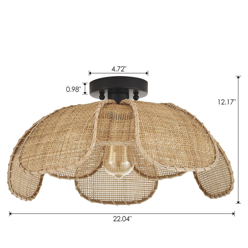 22" Natural Rattan Flush Mount Ceiling Light Fixture， Hemp Rope Wicker Hand-Woven Boho Chandelier With Flower Lampshade For Porch Patio Hallway Bedroom Living Room Kitchen Island