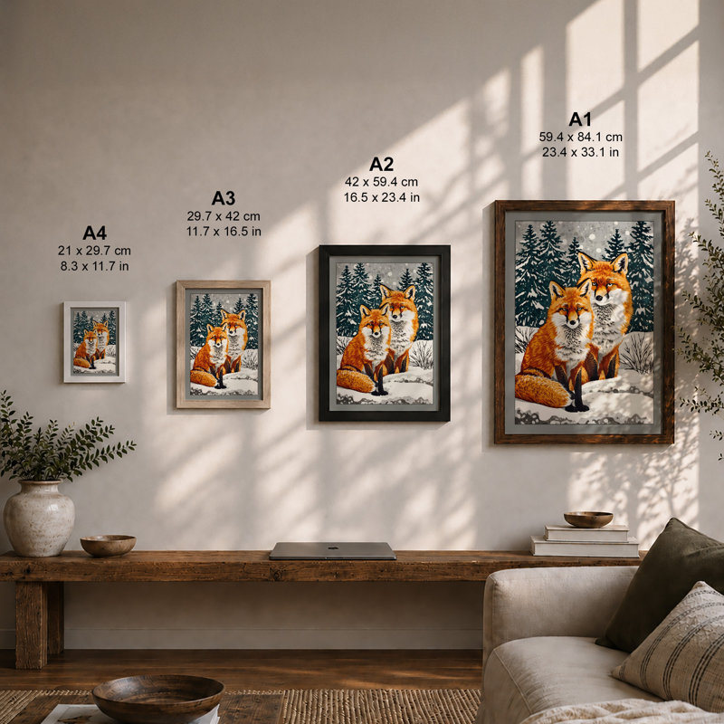 Foxes in Winter Boho - Framed Print, A4 - 29.7 x 21.0 cm, White