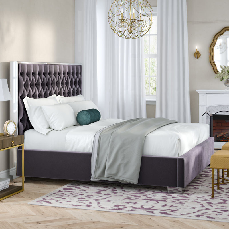 Spadaro Upholstered Platform Bed, Grey Velvet, Silver, Full