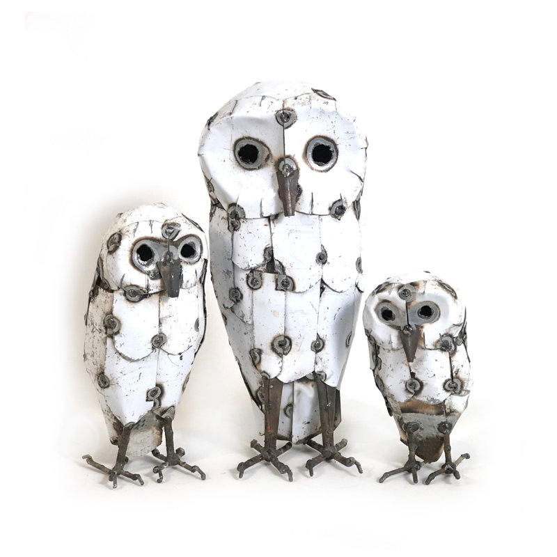 Recycled Metal Snowy White Owl - Medium, 9" H x 4" W x 4" D