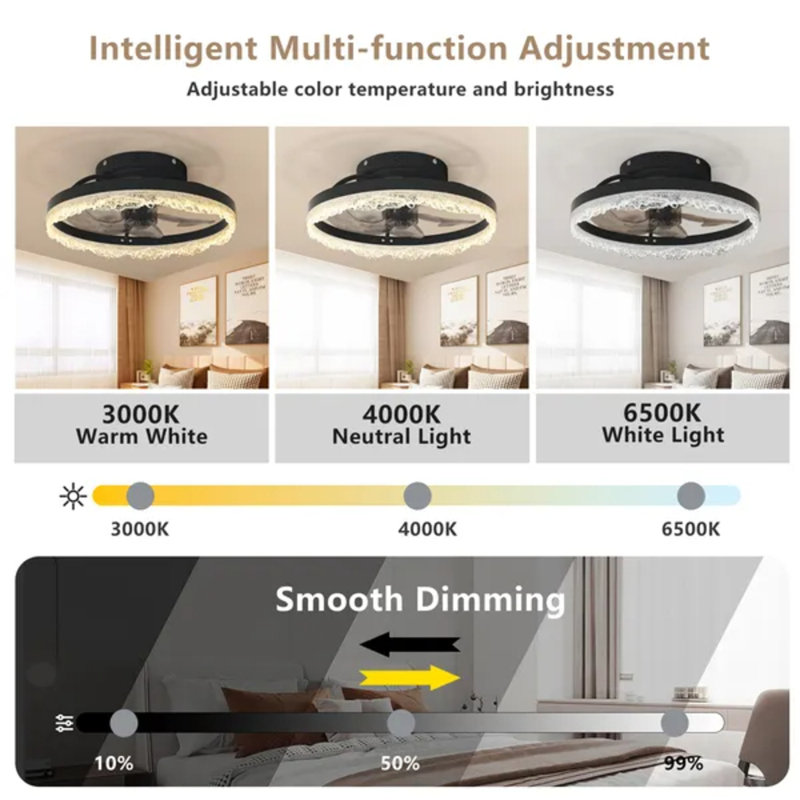 16" Decorative Led Ceiling Fan Light, Modern Flush Mount With Crystal-inspired Acrylic Ring, Hidden Blades, Remote & App Control, Dimmable Low Profile Fan For Bedroom Living Room (black)