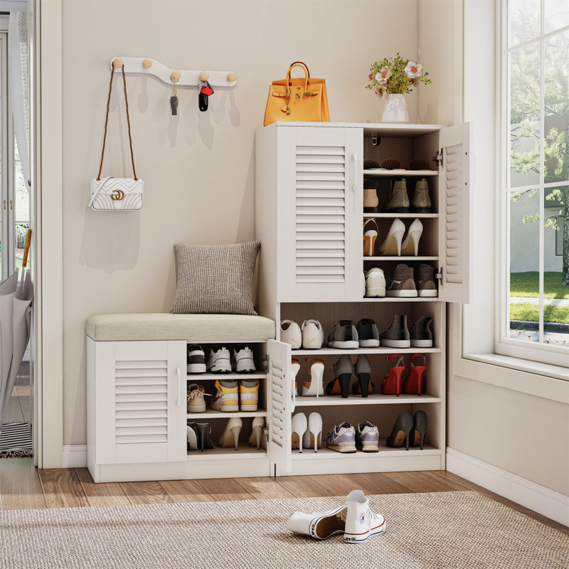 Banc de rangement multifonctionnel pour chaussures avec 7 + 3 compartiments de rangement et plateau à couches réglable, Blanc