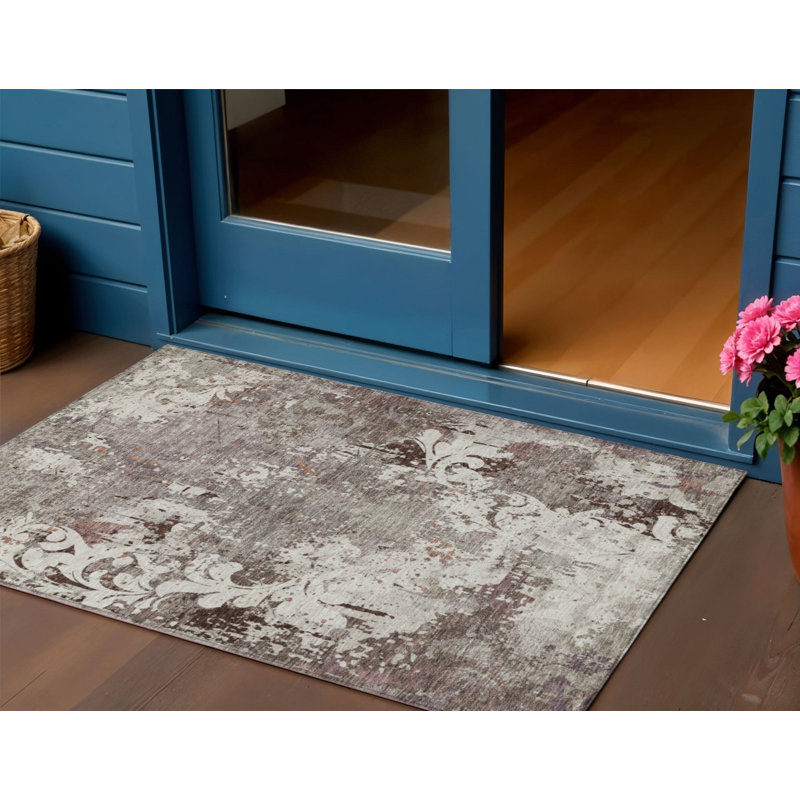 3' X 5' Taupe Ivory And Brown Damask Washable Indoor Outdoor Area Rug