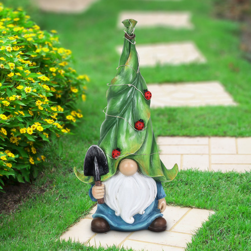Exhart Gnome with Solar String Hat with Ladybugs and Trowel Garden Statuary, 7 by 14 Inches