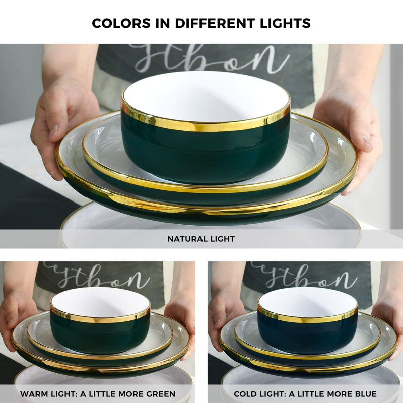 Green and White Porcelain Dinnerware Set with Gold Rim, Service for 4