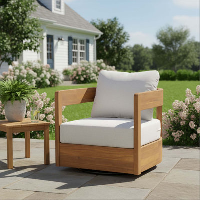 Fauteuil club d'extérieur pivotant en bois, finition teck avec coussin beige
