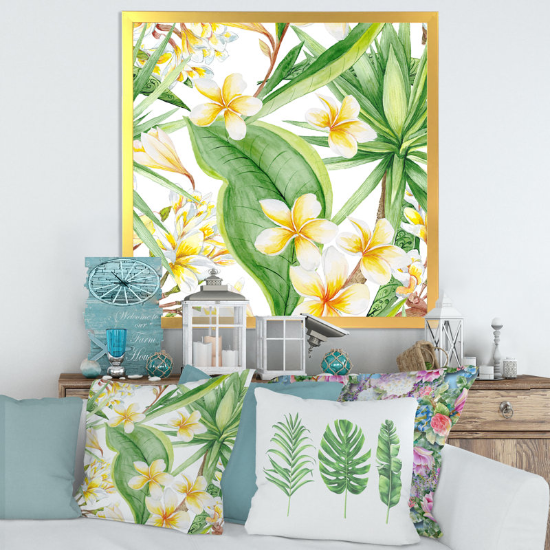 Feuillage tropical et fleurs jaunes VII - peinture sur toile, H 30 po x l 30 po x P 1 po, Cadre doré