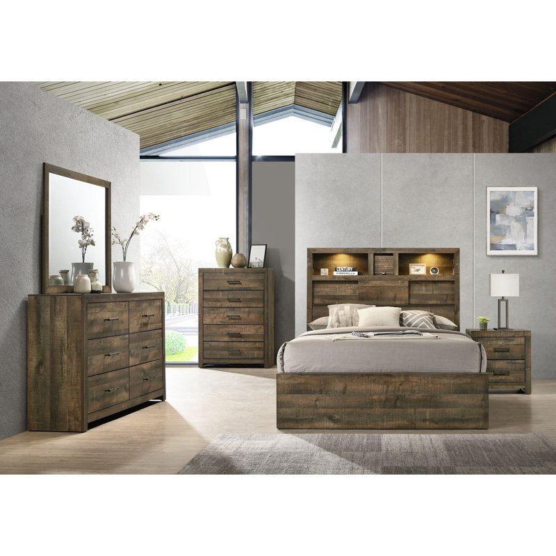 Montijo Bookcase Panel Bedroom Set With Bluetooth, Queen, 6 Pcs: Bed, Dresser, Mirror, Chest, 2 Nightstands
