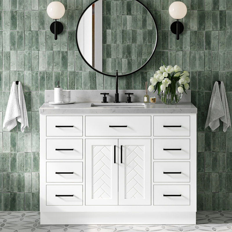 Ensemble de meuble-lavabo rectangulaire simple 48 po avec comptoir en quartz blanc Carrara, Rectangulaire, Blanc