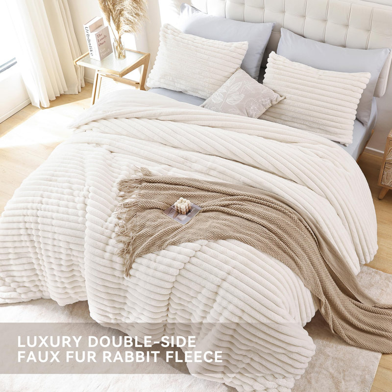 Fluffy Comforter Set 3 Pieces- All Seasons Heavy Faux Fur Comforter With Two Pillowcases, Cream