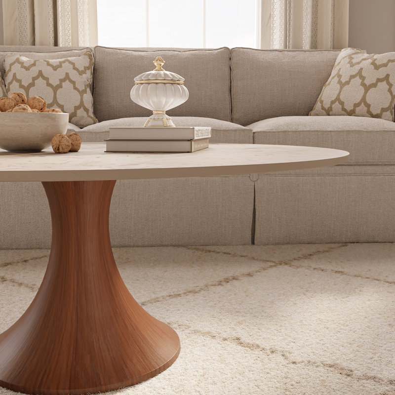 Table basse Mid-Century moderne en marbre effet pierre de marbre, H 17,05 po x L 31,5 po x l 31,5 po, Crème + noyer
