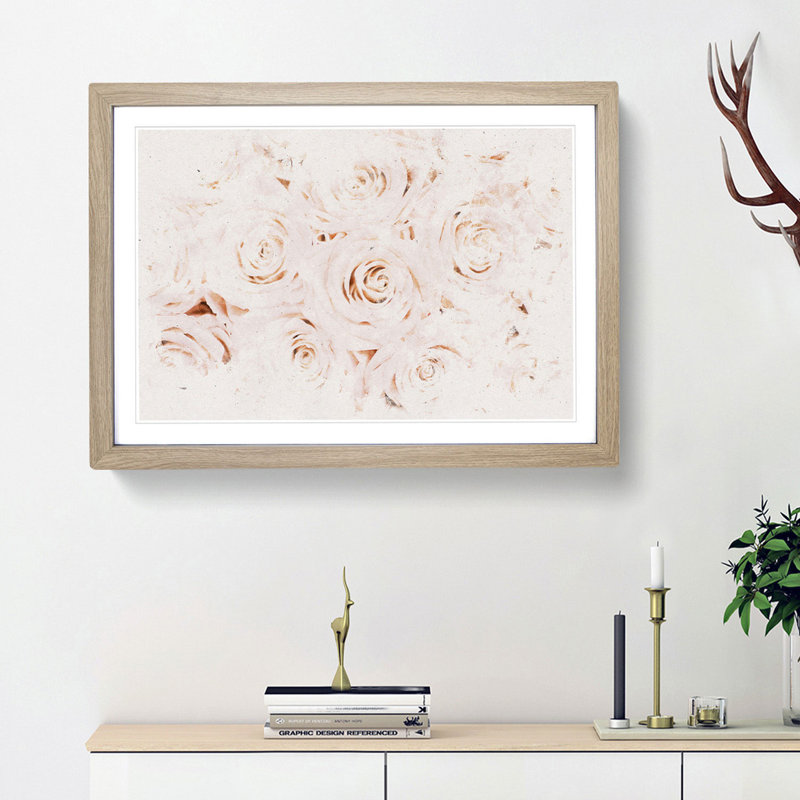 Wall Of Pink Roses Watercolour - Picture Frame Graphic Art, Oak, 33cm H x 45cm W x 2cm D