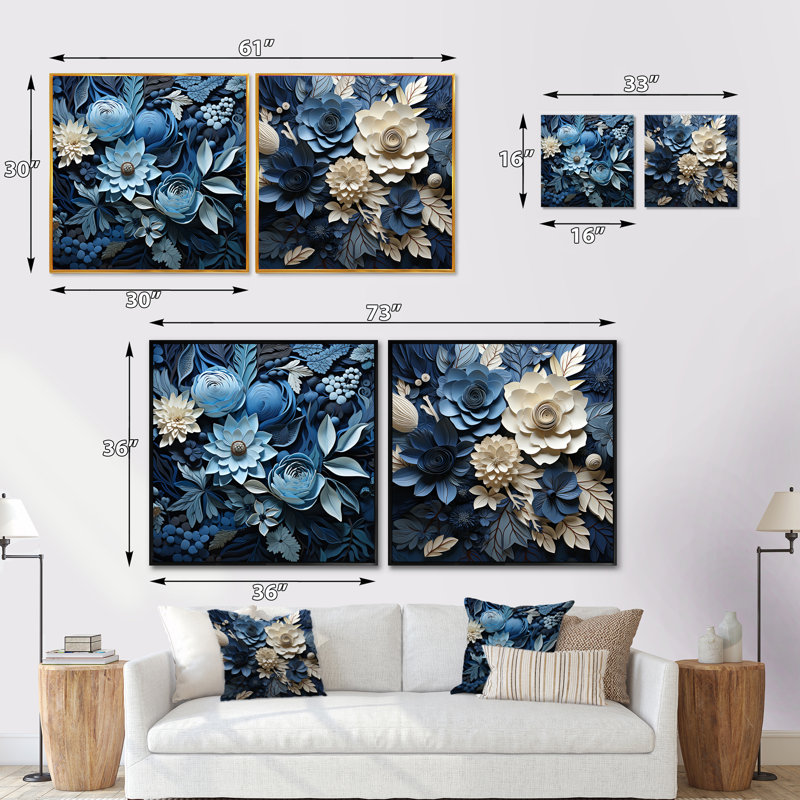 Blue Flower Crafted Delights - Ensemble de 2 collages floraux carrés, Cadre flottant doré, H 36 po x l 73 po