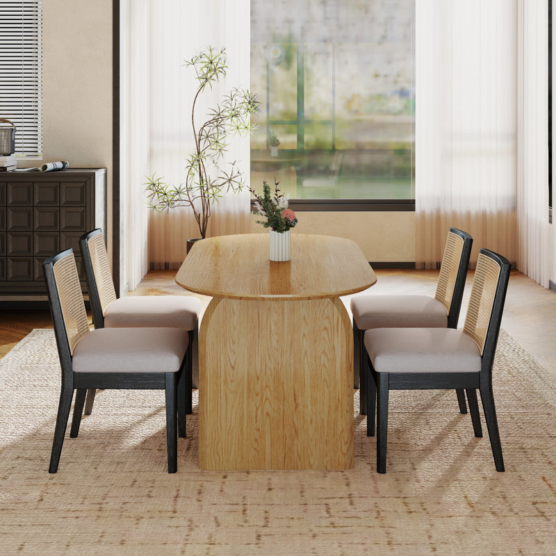 Dining Set Mid-Century Modern Wooden Table & Upholstered Chair Set For Home, Kitchen, Dining Room, Beige/Black, Natural