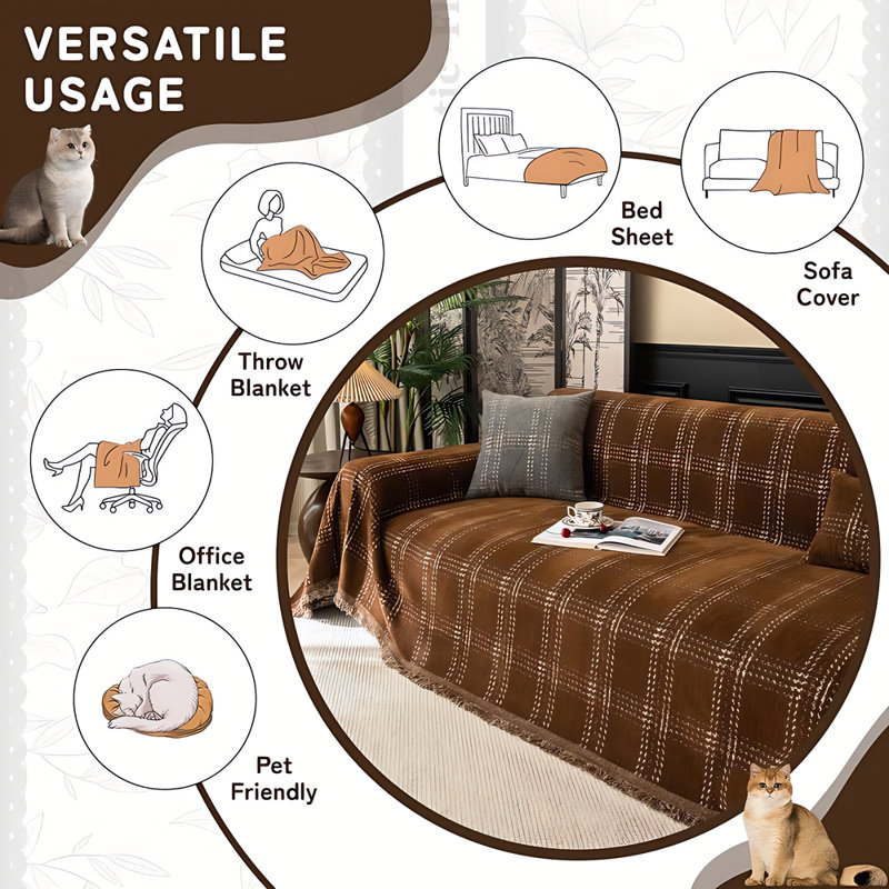Chenille Brown Geometric Plaid Sofa Cover For Cushion Couch Washable Checkered Couch Slipcover Dog Couch Cover Blanket Pet-friendly Furniture Protector Sofa
