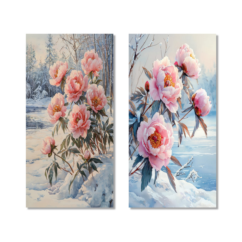Pivoines près du lac gelé I - pivoine rose, ensemble d'art mural en métal de 2, 40" H x 40" W