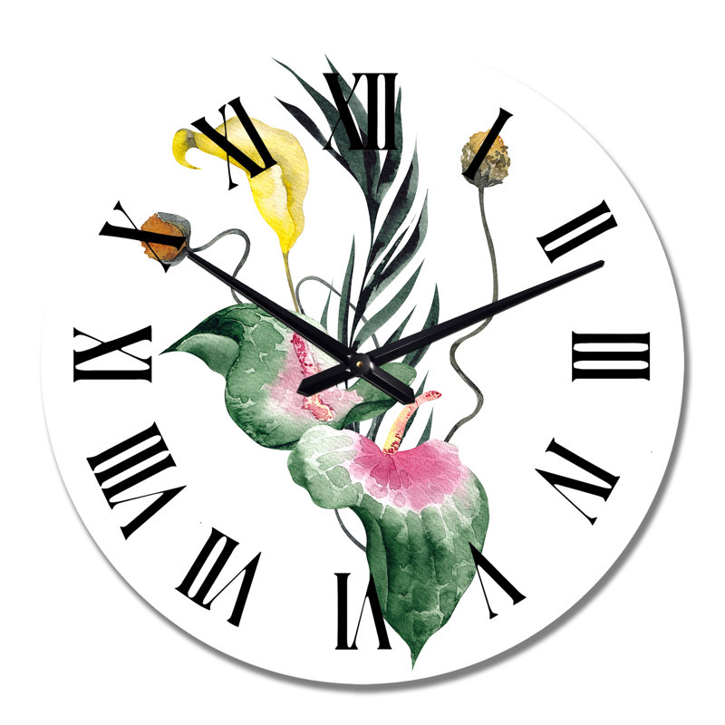 Bouquet de fleurs jaunes minimalistes, feuilles - horloge murale traditionnelle, Moyen
