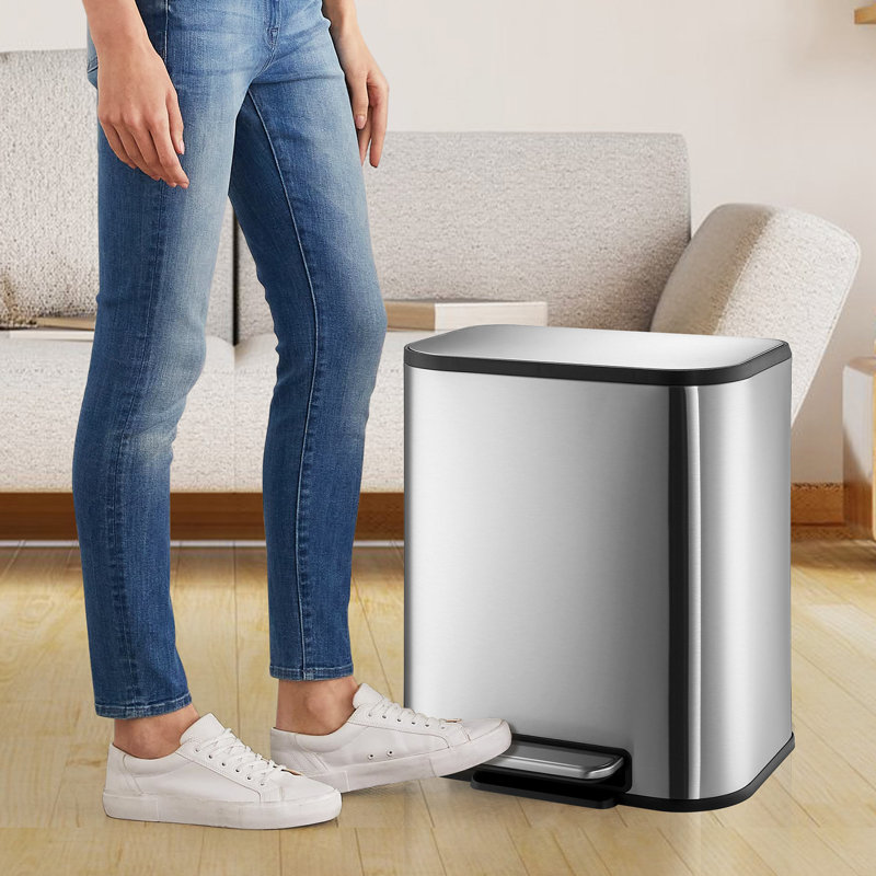 5.3 Gallon Stainless Steel Trash Can with Soft-Close Lid – Step-On Rectangular Garbage Bin with Inner Bucket