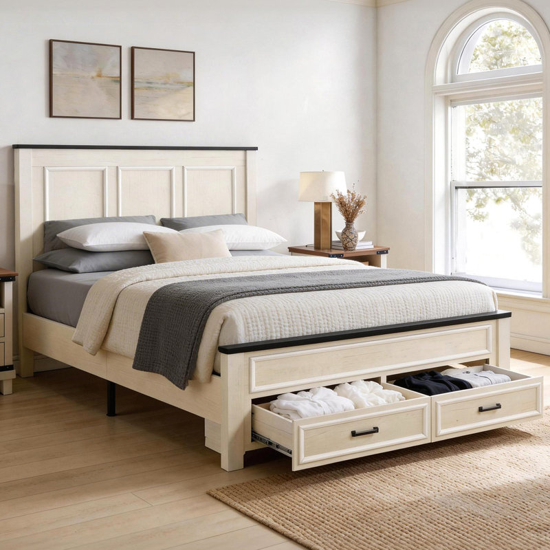 Base de lit plateforme grand en bois avec tête de lit 52 po, grands tiroirs de rangement, crème Farmhouse, Crème, Grand
