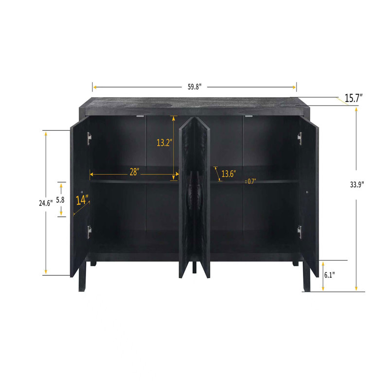 Armoire sculptée à quatre portes avec poignée de porte sculptée pour le salon - Noir antique + poignée fleur + MDF