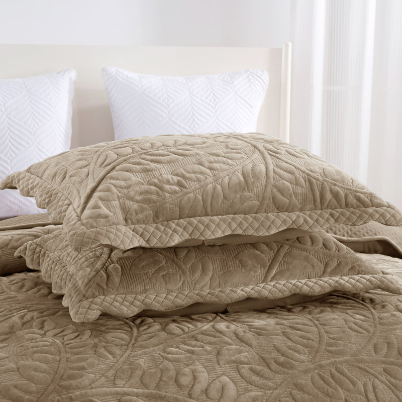 Camel King Size Velvet Quilt Set with Embroidered Leaf Design