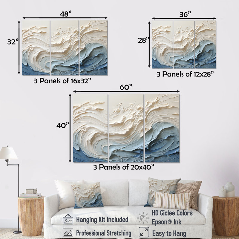 Ensemble d'art mural Clareen - vagues côtières (ensemble de 3), Toile tendue, H 32 po x l 48 po x P 1 po
