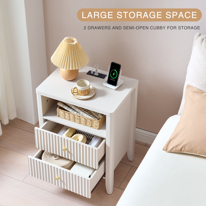  Nightstand Set of 2 with Charging Station, 22" fluted set Bedside Table with 2 Drawers, Open Shelf, Rounded Top & Solid Wood Legs,White