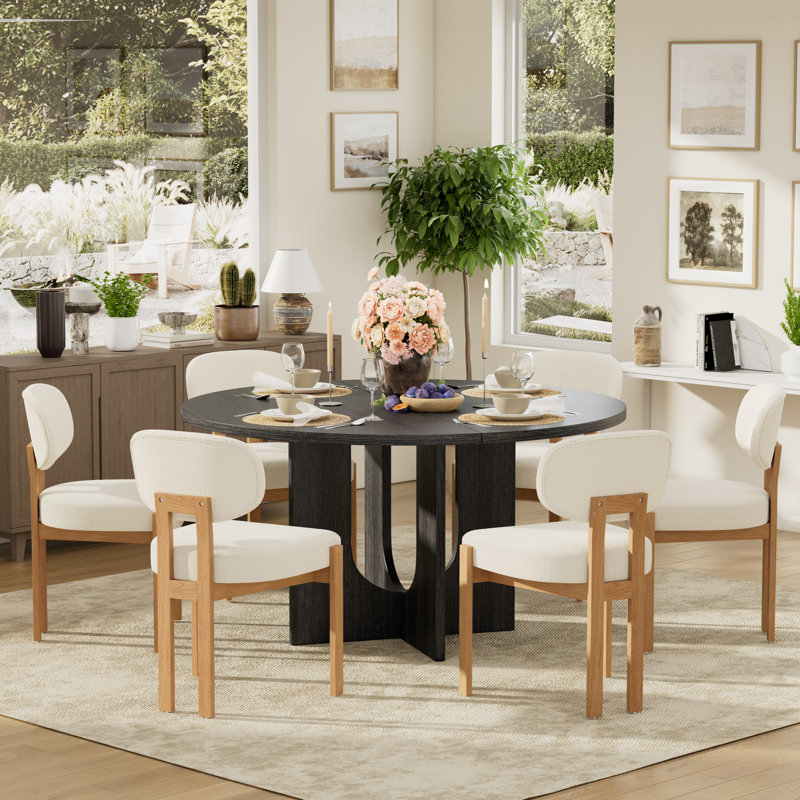 Ensemble de salle à manger Farmhouse, Noir, Beige, 1 table + 6 chaises